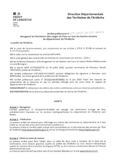 Levée des mesures de restriction des usages de l'eau