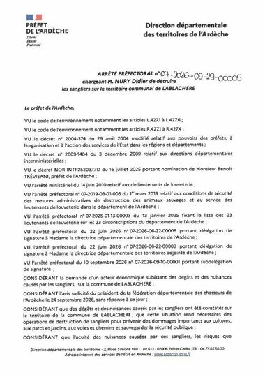 Arrêté préfectoral sangliers