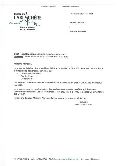 Enquête publique d'aliénation d'un chemin communal