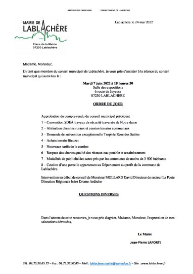 Ordre du jour du Conseil Municipal du 7 juin 2022