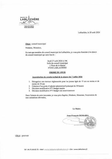 Prochain conseil municipal Jeudi 27  août à 19 h