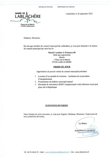 Ordre du jour du conseil municipal du 3 octobre 2023