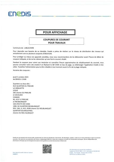 Coupure de courant sur la commune le 5 octobre 2023