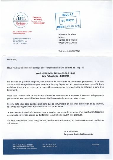 Don du sang à Rosières le 28 juillet 2023 de 9h à 13h