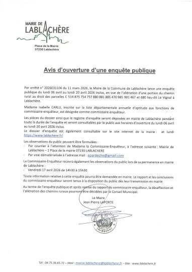 Avis d'ouverture d'une enquête publique