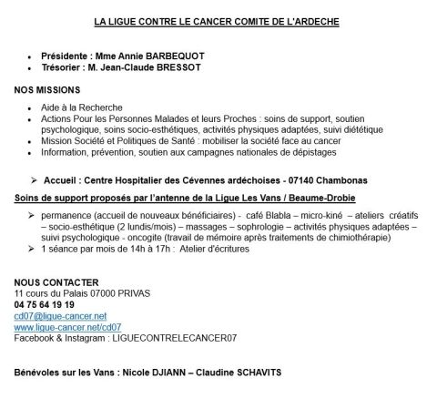 Informations locales Ligue contre le cancer