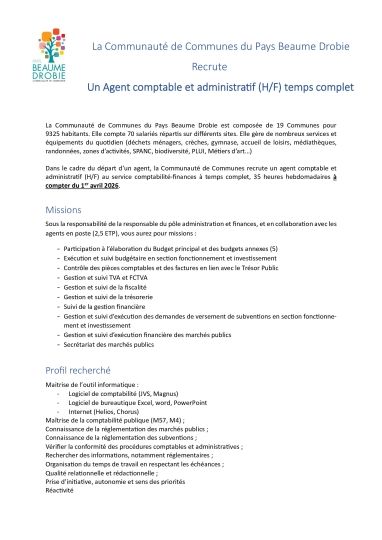 La CdC recrute un(e) agent(e) « Comptable et Administratif »