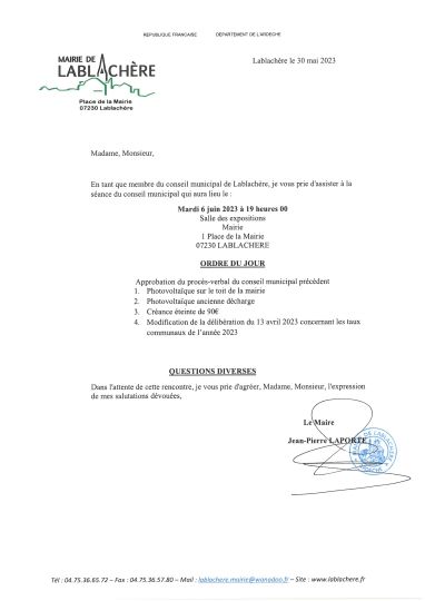 Ordre du jour du conseil municipal du 6 juin 2023 à 19h