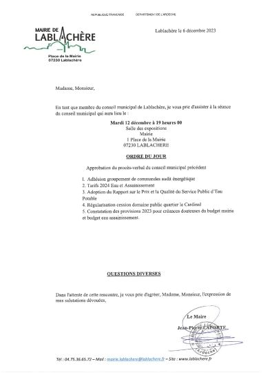 Convocation et ordre du jour du conseil municipal du 12 décembre 2023