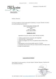 Convocation et ordre du jour du conseil municipal du 12 décembre 2023