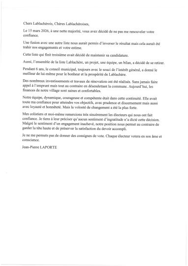 Communiqué du Maire, Jean-Pierre LAPORTE