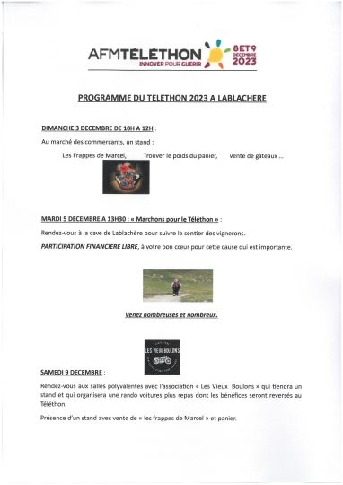 Programme du TELETHON à Lablachère le 3 décembre 2023